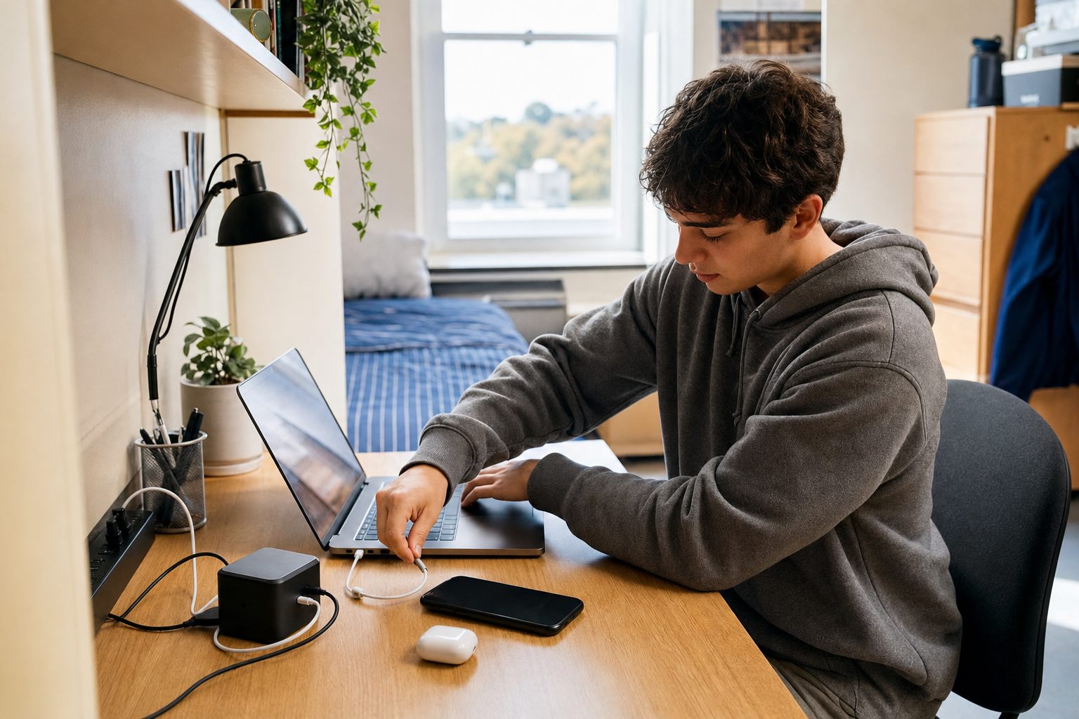 A realistic everyday dorm charging station shopping scenario