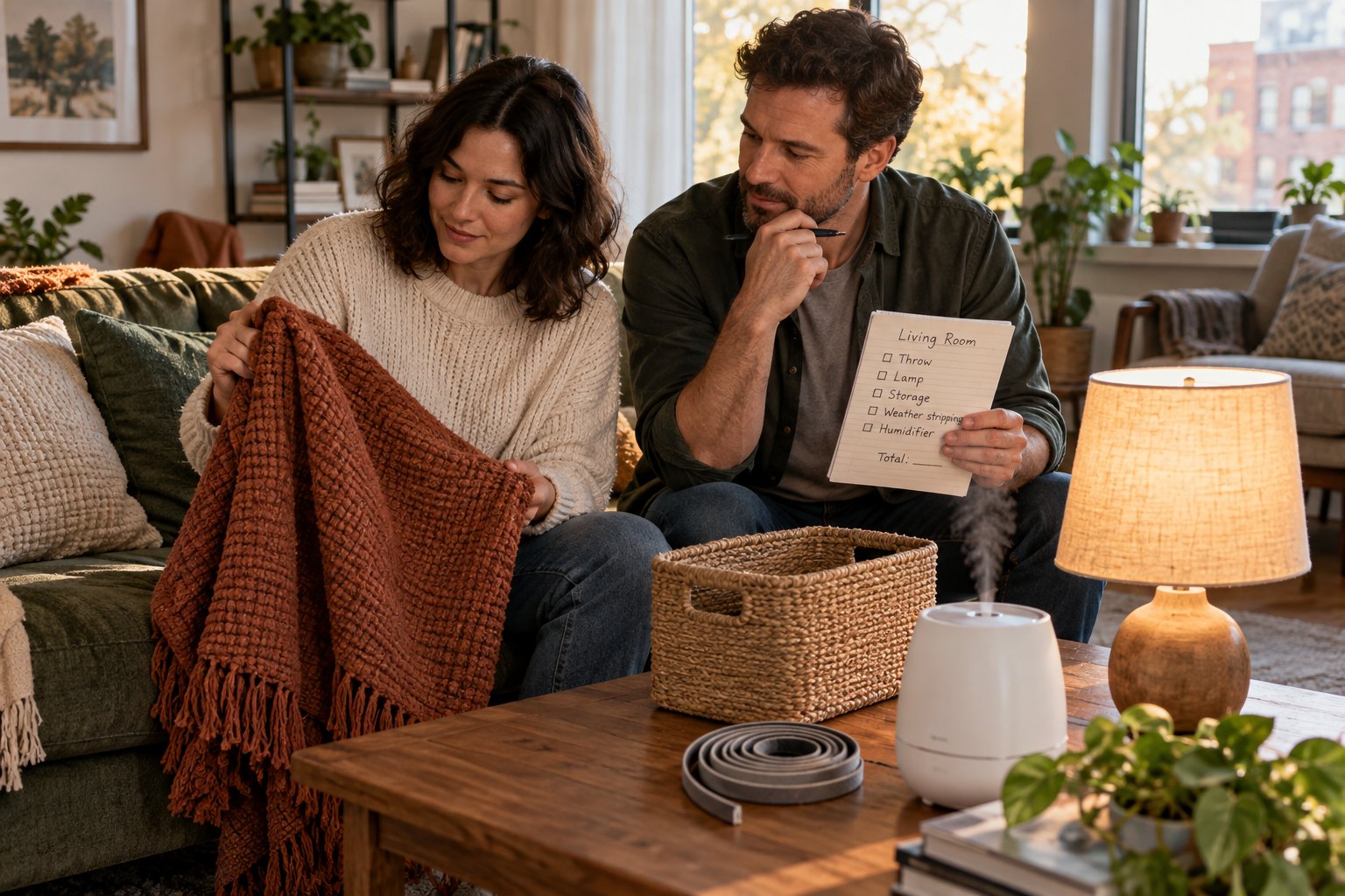 Two adults comparing a textured throw, warm lamp, storage basket, weather stripping, and humidifier in a living room