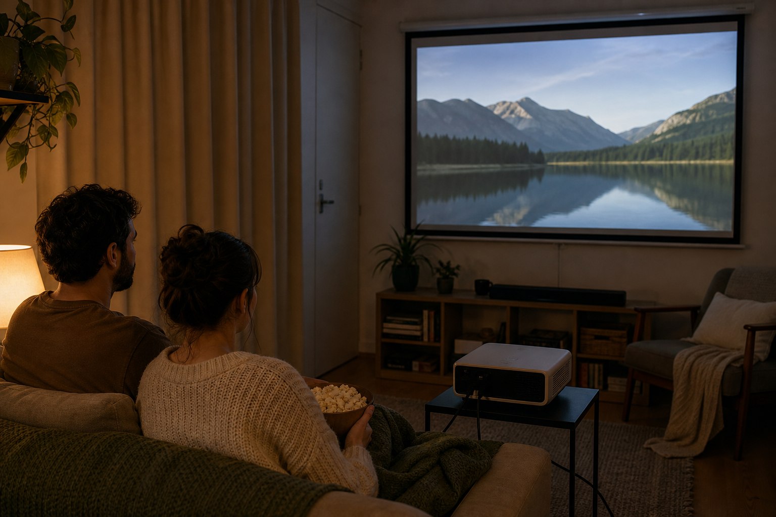 Two adults watching a mountain landscape on a projection screen in a compact living room