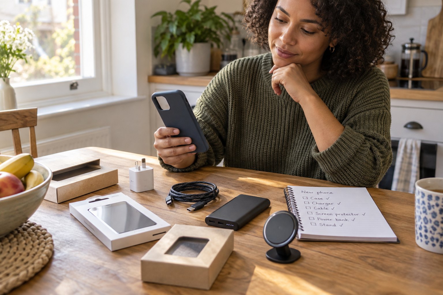 A shopper comparing an unbranded phone case, USB-C charger, cable, power bank, screen protector, and magnetic stand at a kitchen table