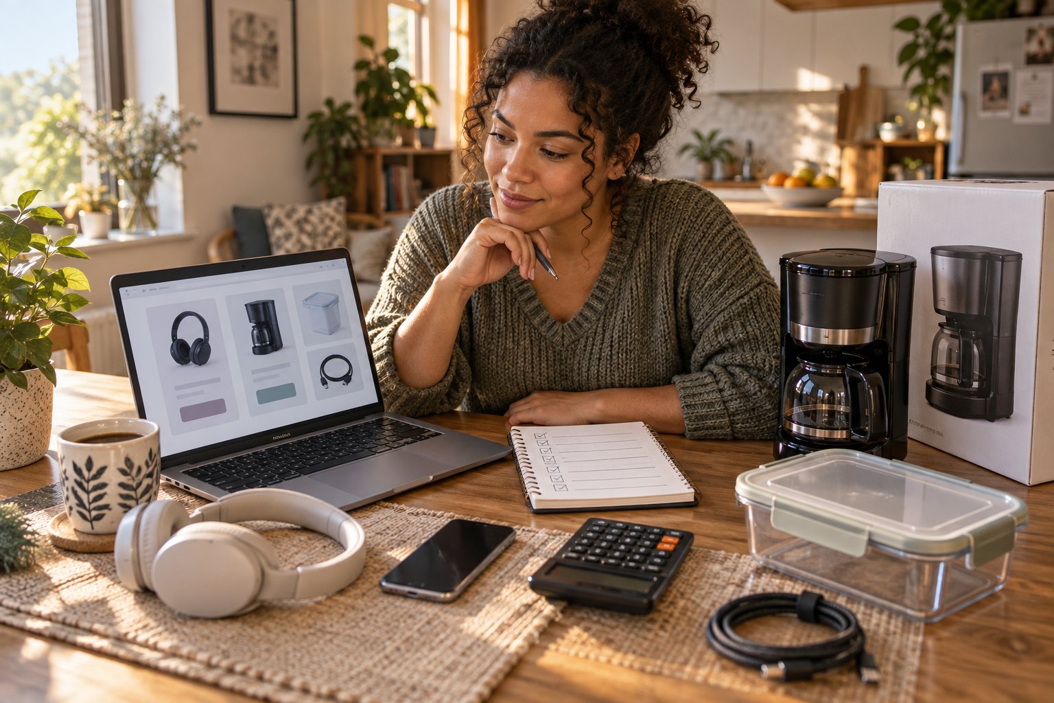 A shopper comparing generic electronics, a coffee maker, and storage products beside a laptop, calculator, and budget checklist