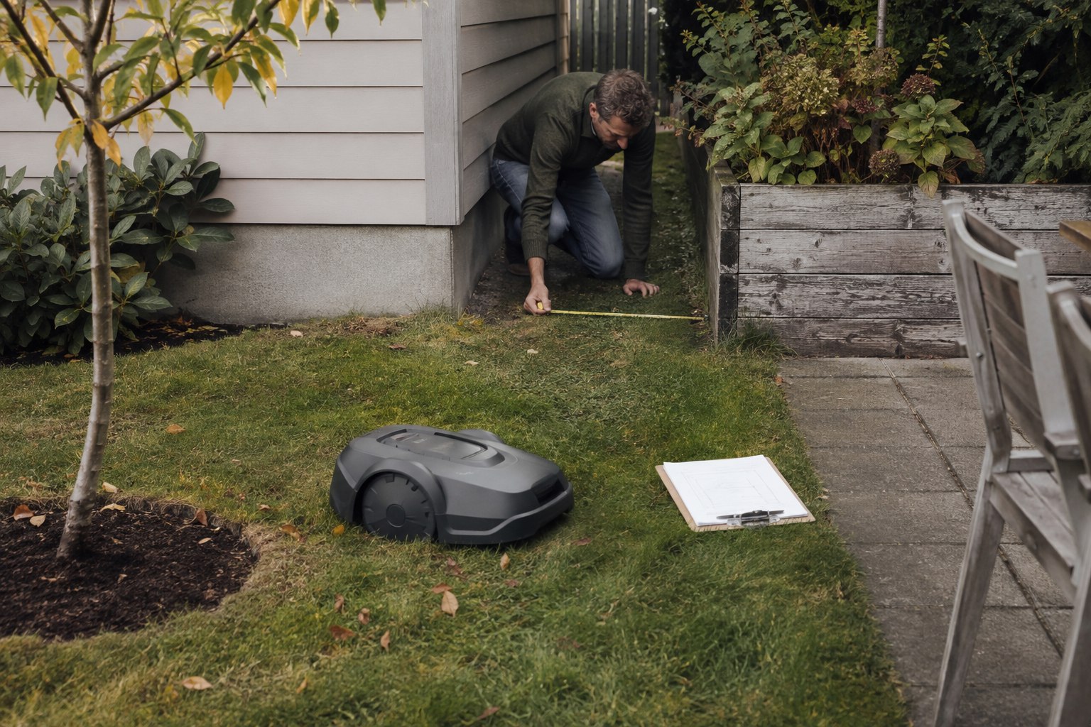 A homeowner measuring a narrow lawn passage beside an unbranded robotic mower