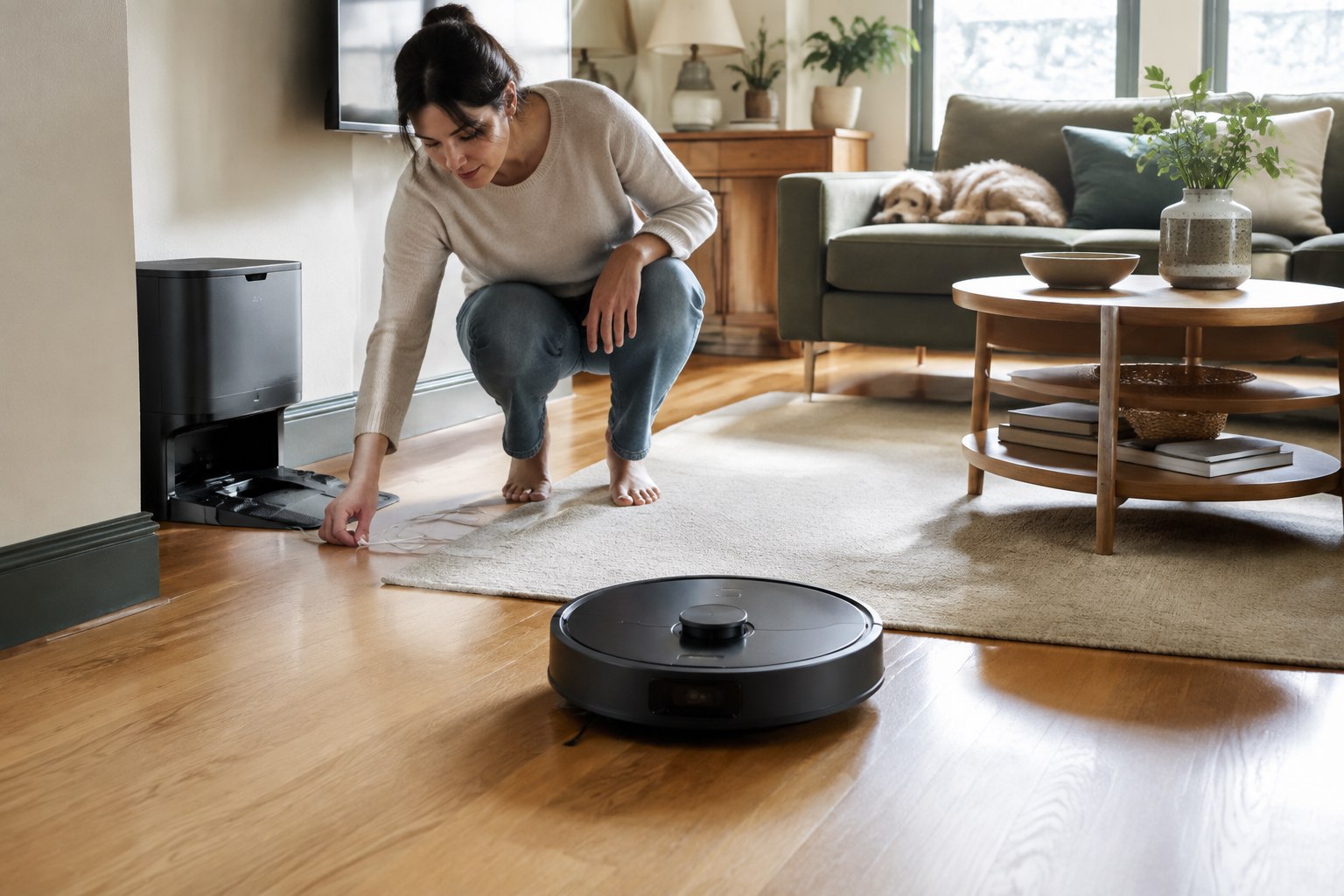 An adult clears a cable near a robot vacuum, charging dock, and living-room rug