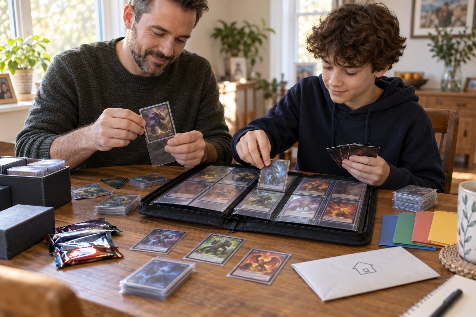 A parent and older child organizing generic fantasy trading cards in sleeves and a zip binder at a dining table